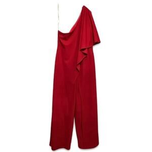 Marina Jumpsuit One Shoulder Flutter Sleeve Straight Leg Cut Red Women's 12 NWOT